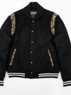 Straight to Hell Ace Black Varsity Jacket with Leopard Trim